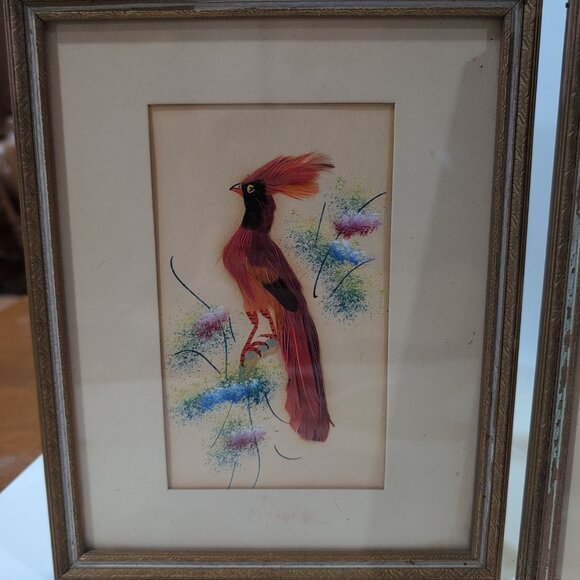 VINTAGE Art Deco Feathercraft Feather Bird Art Framed Set Of 3 - Picture 6 of 10